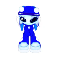 a blue cartoon character wearing a hat and a pair of glasses