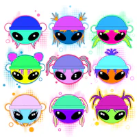 a group of aliens with colorful hats on a white background