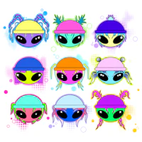 a group of aliens in different colors on a white background