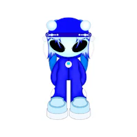 a blue alien standing in front of a white background